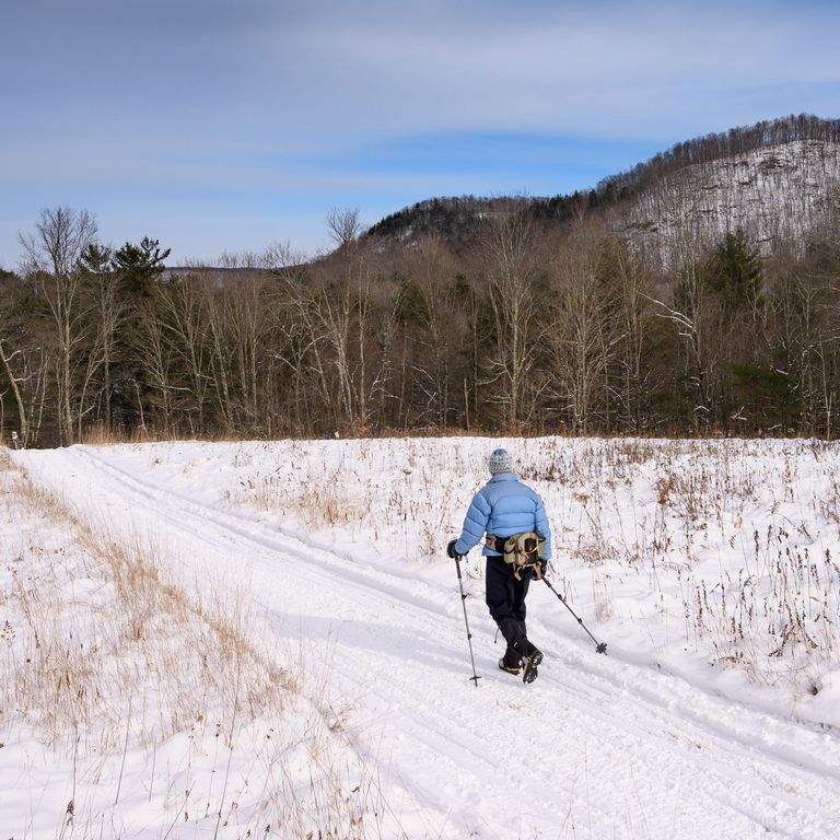 Winter hiker on a trail with a mountain in the distance